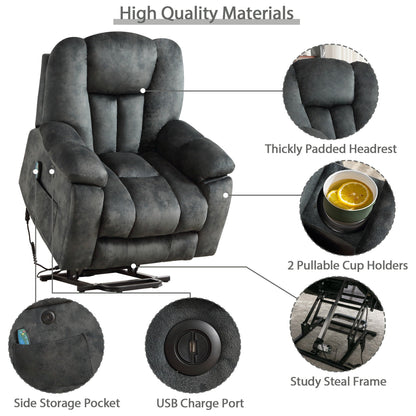 Poltrona reclinabile con sollevamento elettrico di grandi dimensioni, massaggio e riscaldamento con 2 portabicchieri nascosti per anziani