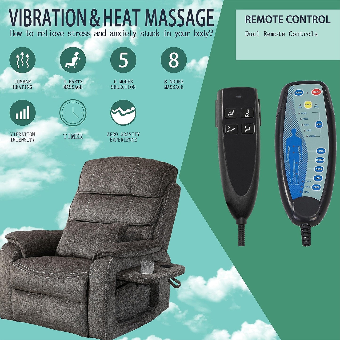 Poltrona reclinabile elettrica di grandi dimensioni con massaggio termico, posizione sdraiata a 180°