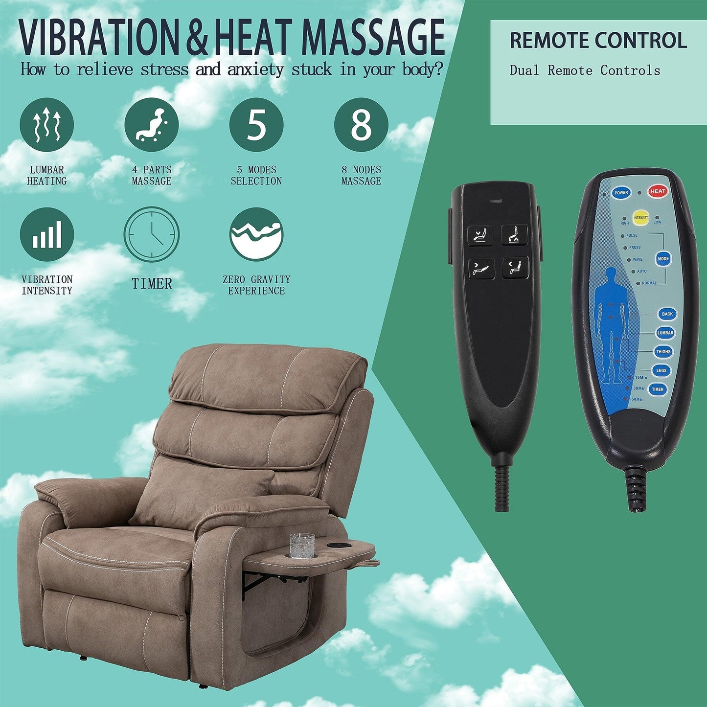 Poltrona reclinabile elettrica di grandi dimensioni con massaggio termico, posizione sdraiata a 180°