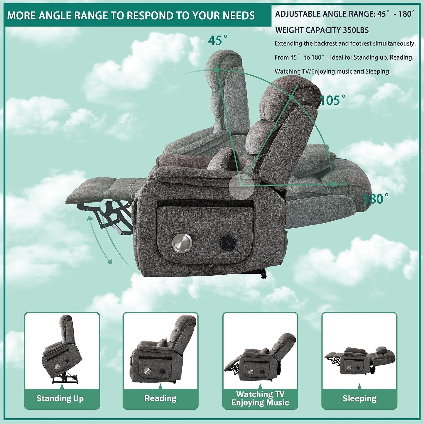 Poltrona reclinabile elettrica di grandi dimensioni con massaggio termico, posizione sdraiata a 180°