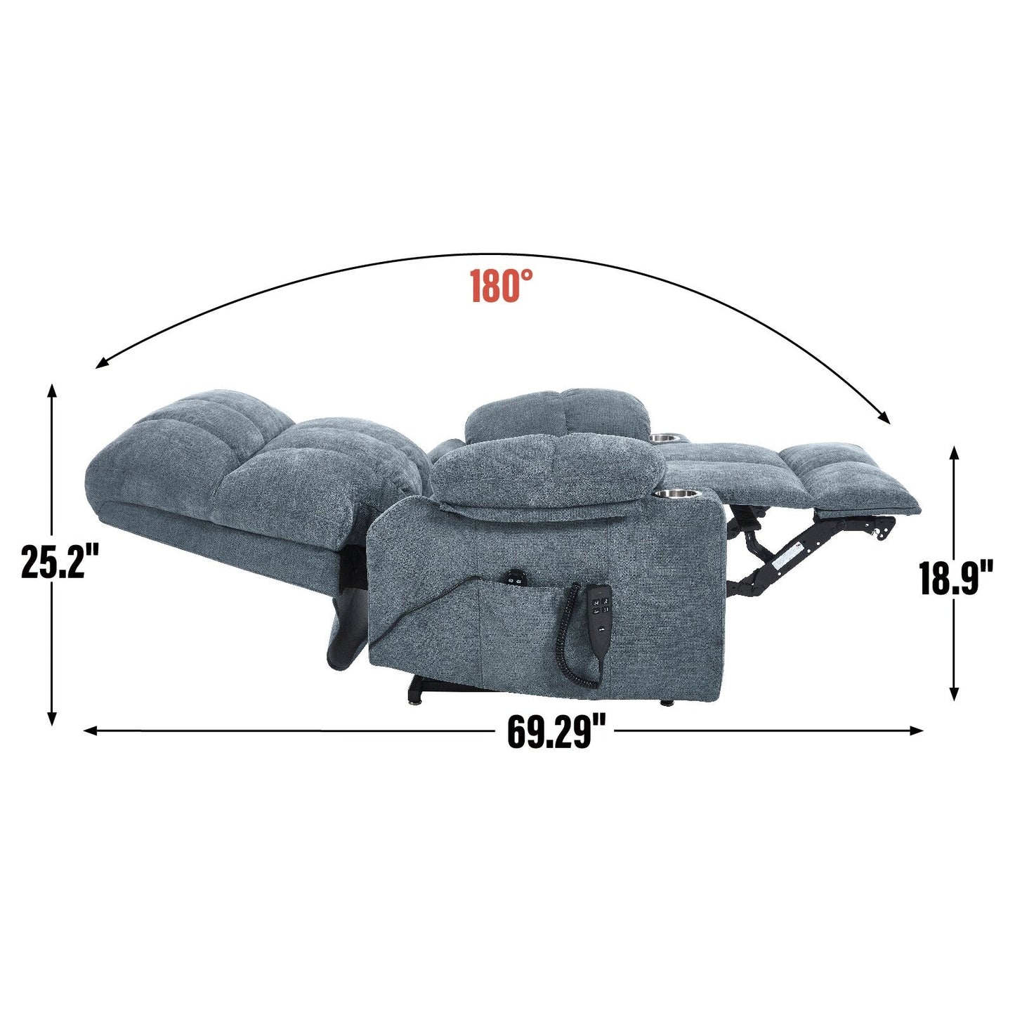 Poltrona reclinabile elettrica di grandi dimensioni con doppio motore, massaggio e riscaldamento lombare, rivestimento in ciniglia, doppio portabicchieri e tasche laterali