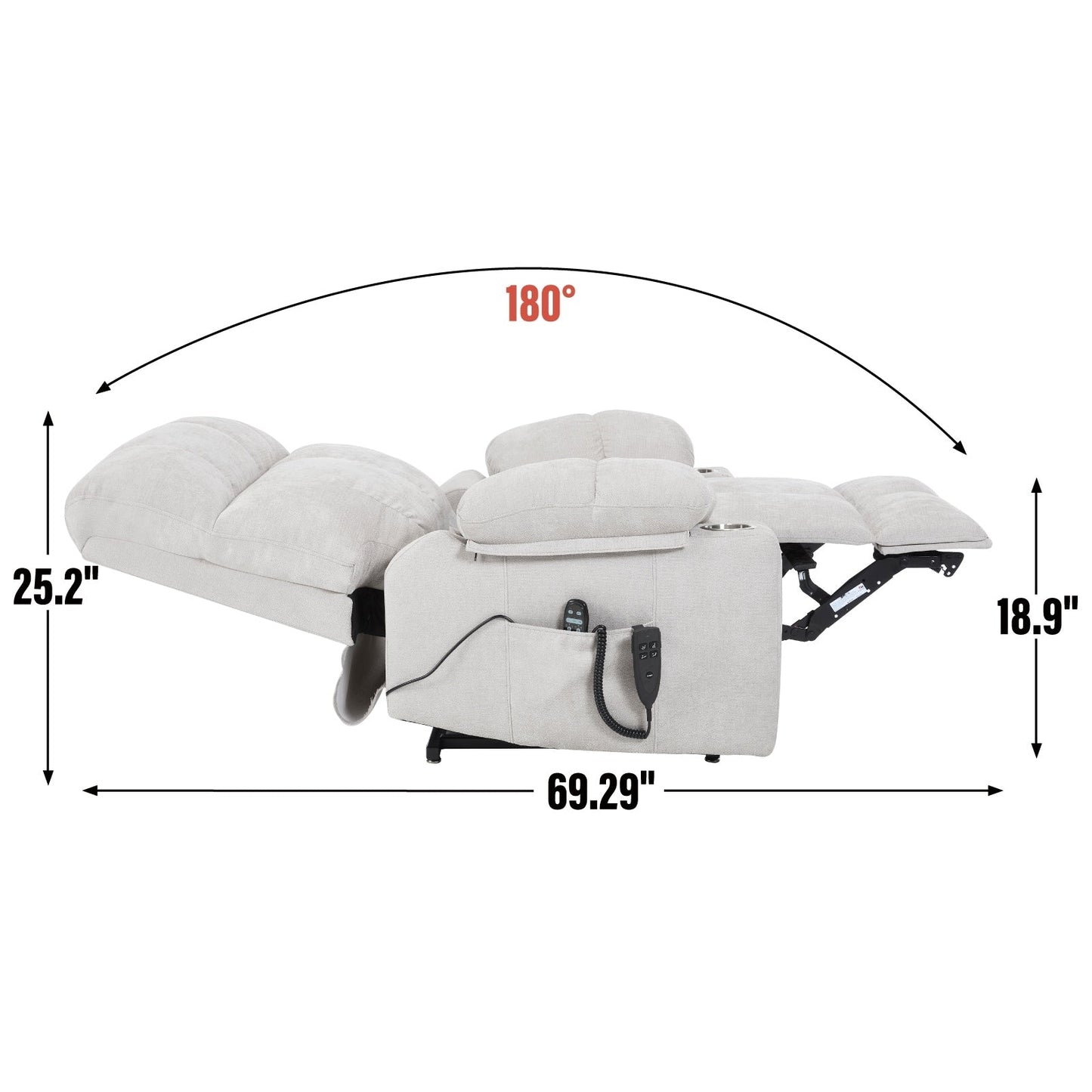 Poltrona reclinabile elettrica di grandi dimensioni con doppio motore, massaggio e riscaldamento lombare, rivestimento in ciniglia, doppio portabicchieri e tasche laterali