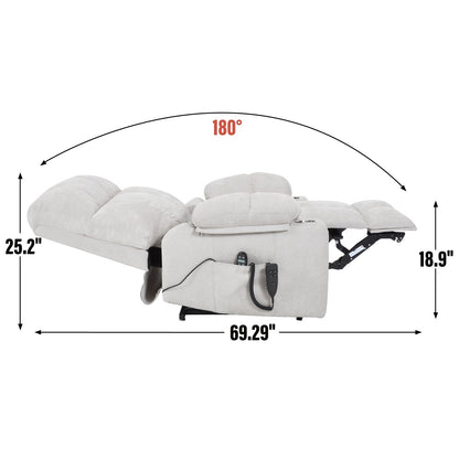 Poltrona reclinabile elettrica di grandi dimensioni con doppio motore, massaggio e riscaldamento lombare, rivestimento in ciniglia, doppio portabicchieri e tasche laterali