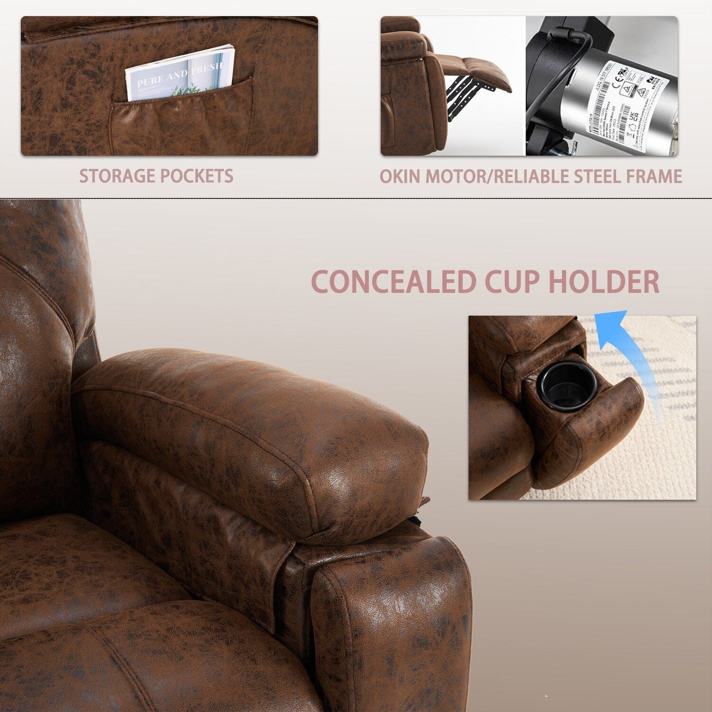 Poltrona reclinabile elettrica di grandi dimensioni con motore silenzioso e massaggio