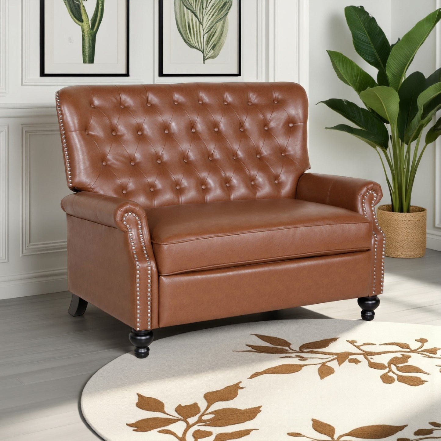 Poltrona reclinabile oversize, rivetti, schienale trapuntato, similpelle marrone chiaro