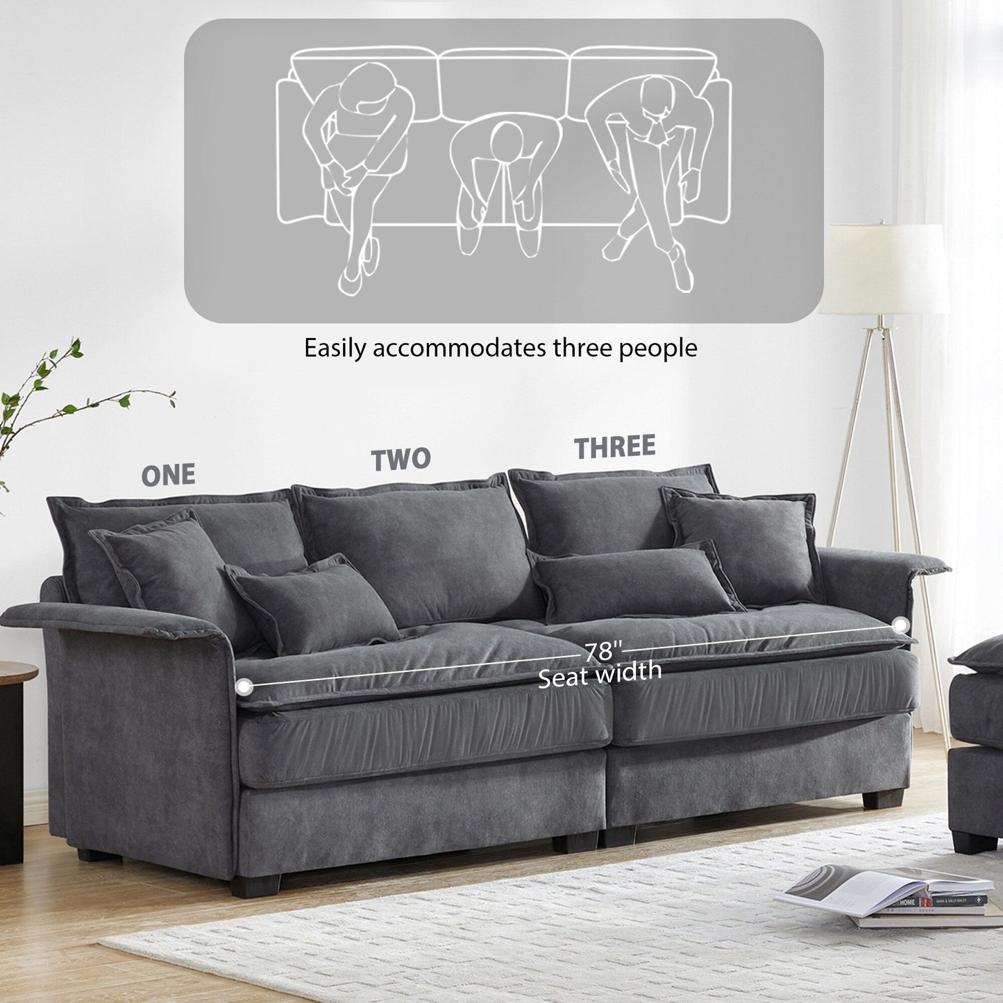 Divano componibile oversize con braccioli in legno curvato, mobili imbottiti per interni con doppi cuscini, divano a L con pouf