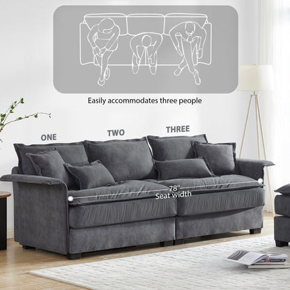 Divano componibile oversize con braccioli in legno curvato, mobili imbottiti per interni con doppi cuscini, divano a L con pouf