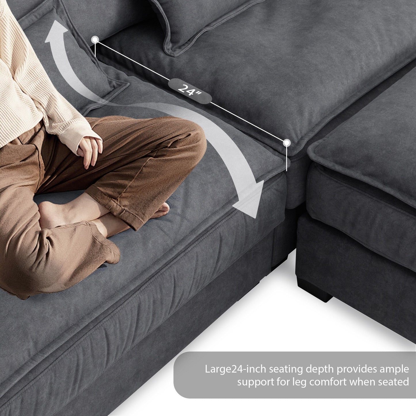 Divano componibile oversize con braccioli in legno curvato, mobili imbottiti per interni con doppi cuscini, divano a L con pouf