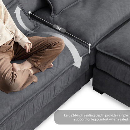 Divano componibile oversize con braccioli in legno curvato, mobili imbottiti per interni con doppi cuscini, divano a L con pouf