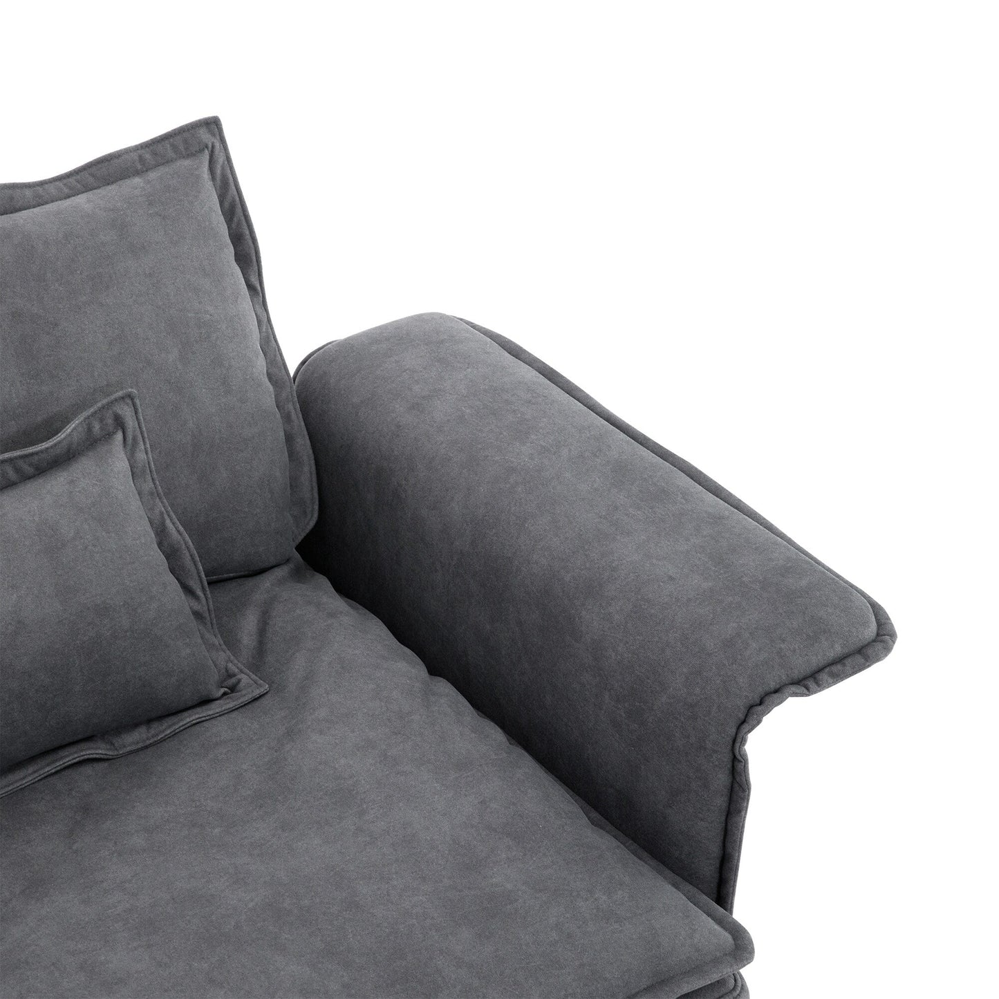 Divano componibile oversize con braccioli in legno curvato, mobili imbottiti per interni con doppi cuscini, divano a L con pouf