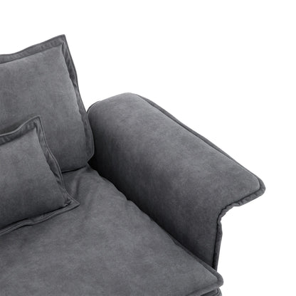 Divano componibile oversize con braccioli in legno curvato, mobili imbottiti per interni con doppi cuscini, divano a L con pouf