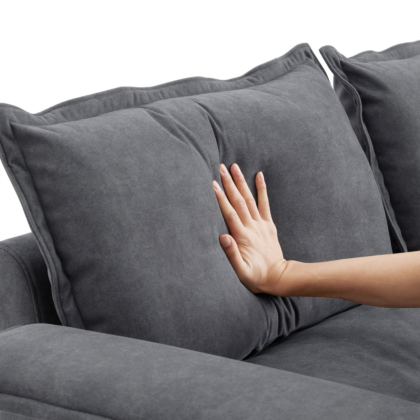 Divano componibile oversize con braccioli in legno curvato, mobili imbottiti per interni con doppi cuscini, divano a L con pouf