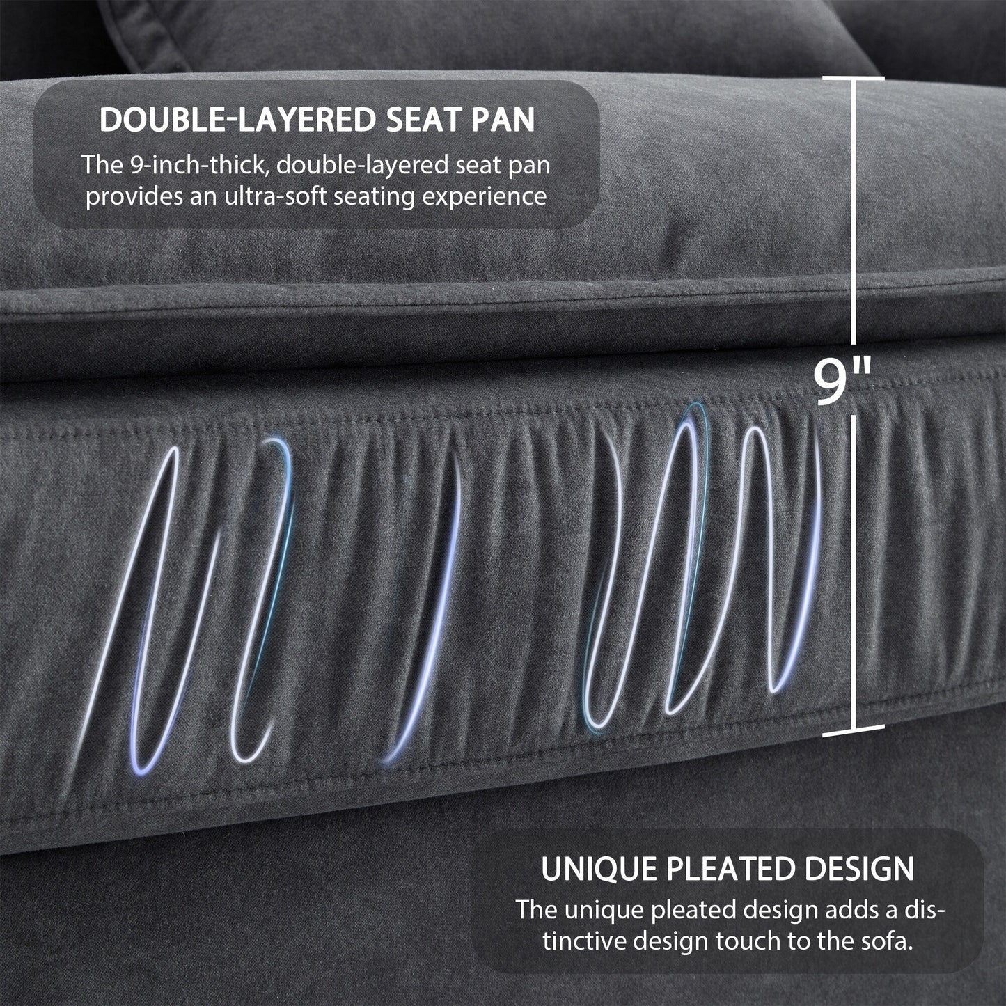 Divano componibile oversize con braccioli in legno curvato, mobili imbottiti per interni con doppi cuscini, divano a L con pouf