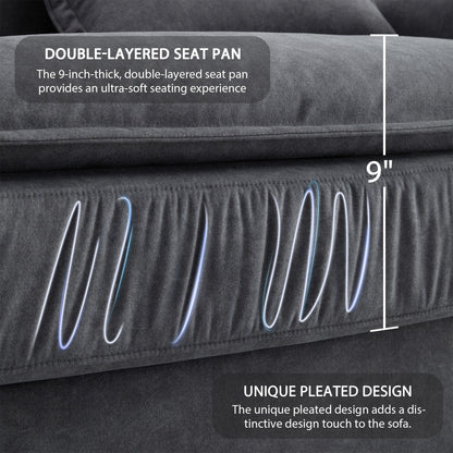 Divano componibile oversize con braccioli in legno curvato, mobili imbottiti per interni con doppi cuscini, divano a L con pouf