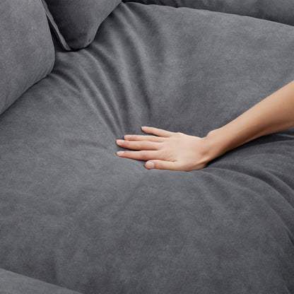 Divano componibile oversize con braccioli in legno curvato, mobili imbottiti per interni con doppi cuscini, divano a L con pouf