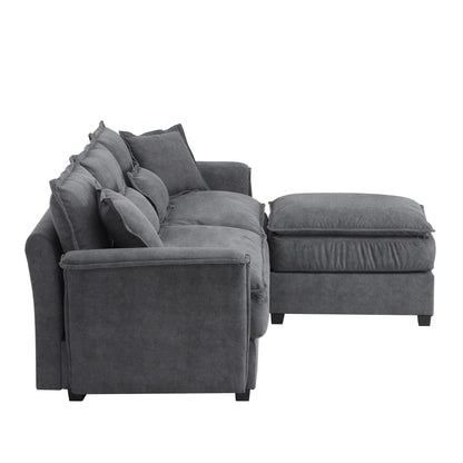 Divano componibile oversize con braccioli in legno curvato, mobili imbottiti per interni con doppi cuscini, divano a L con pouf