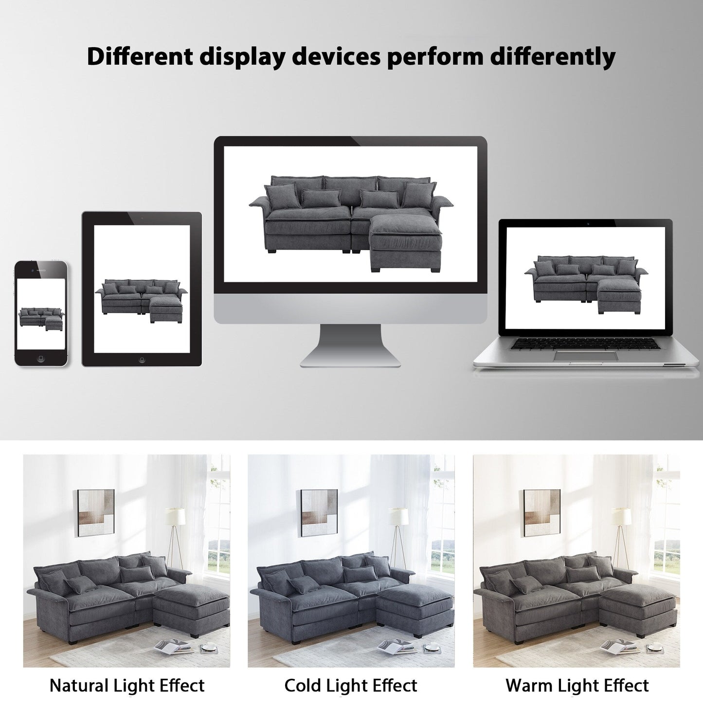 Divano componibile oversize con braccioli in legno curvato, mobili imbottiti per interni con doppi cuscini, divano a L con pouf