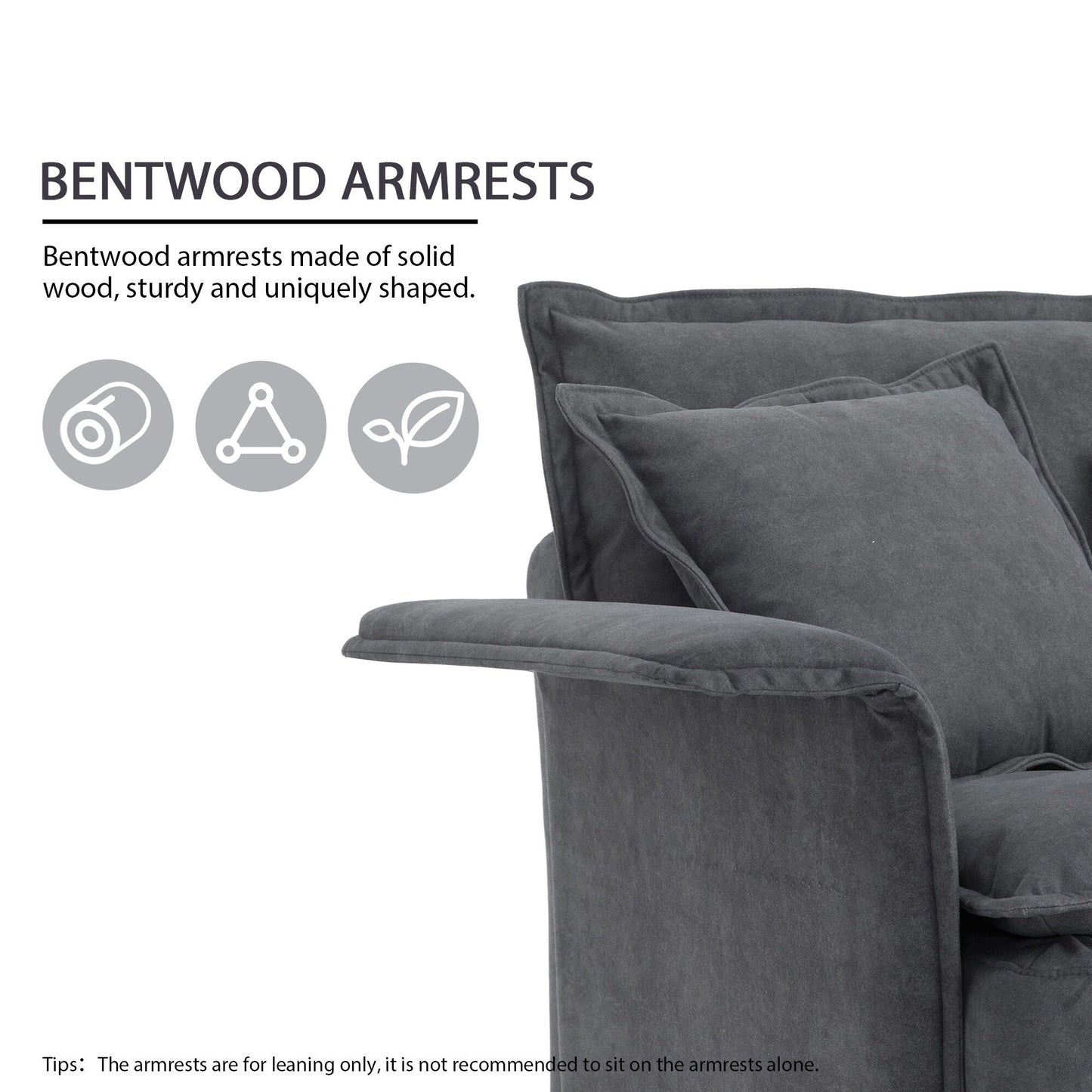 Divano componibile oversize con braccioli in legno curvato, mobili imbottiti per interni con doppi cuscini, divano a L con pouf