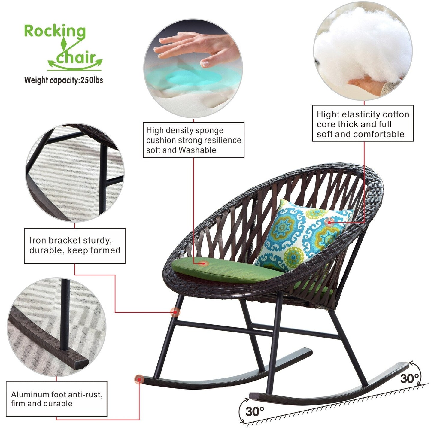 Set da bistrot OVIOS con sedia a dondolo da giardino da 3 pezzi e tavolino in vetro