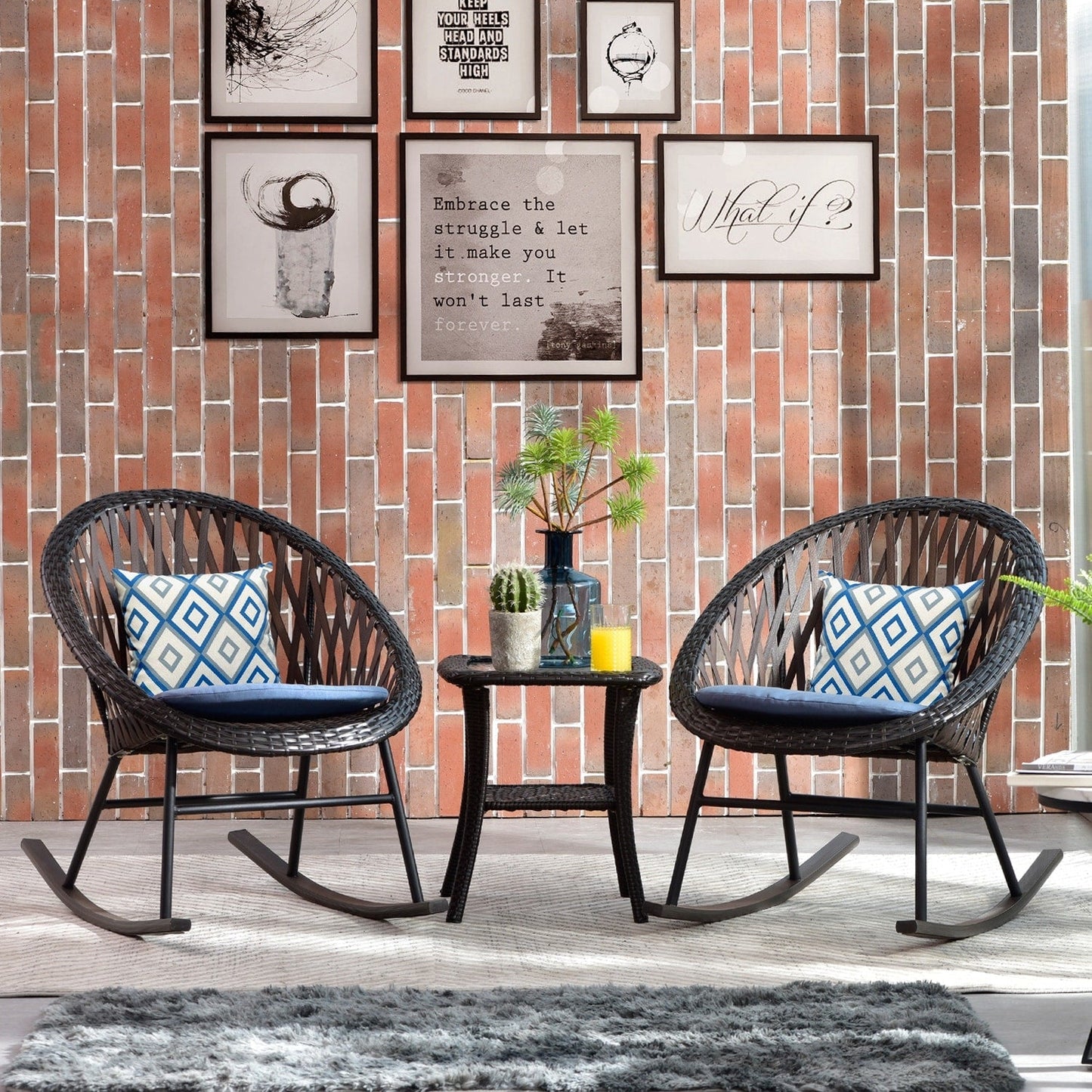 Set da bistrot OVIOS con sedia a dondolo da giardino da 3 pezzi e tavolino in vetro