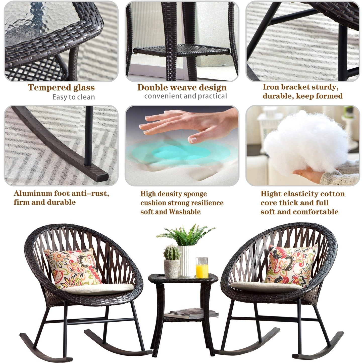 Set da bistrot OVIOS con sedia a dondolo da giardino da 3 pezzi e tavolino in vetro