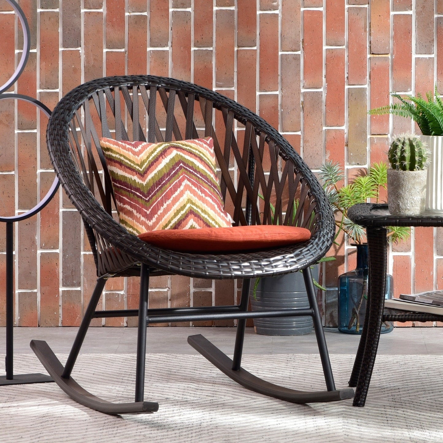 Set da bistrot OVIOS con sedia a dondolo da giardino da 3 pezzi e tavolino in vetro