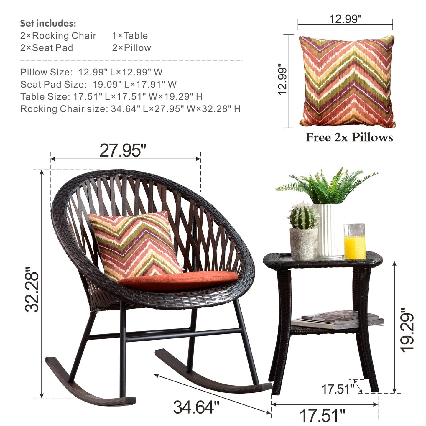 Set da bistrot OVIOS con sedia a dondolo da giardino da 3 pezzi e tavolino in vetro