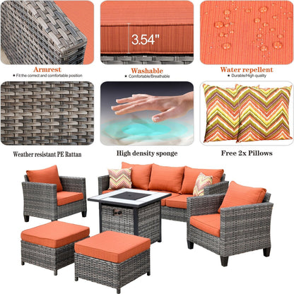 Set da conversazione in vimini per esterni OVIOS da 6 pezzi con braciere da 30 cm