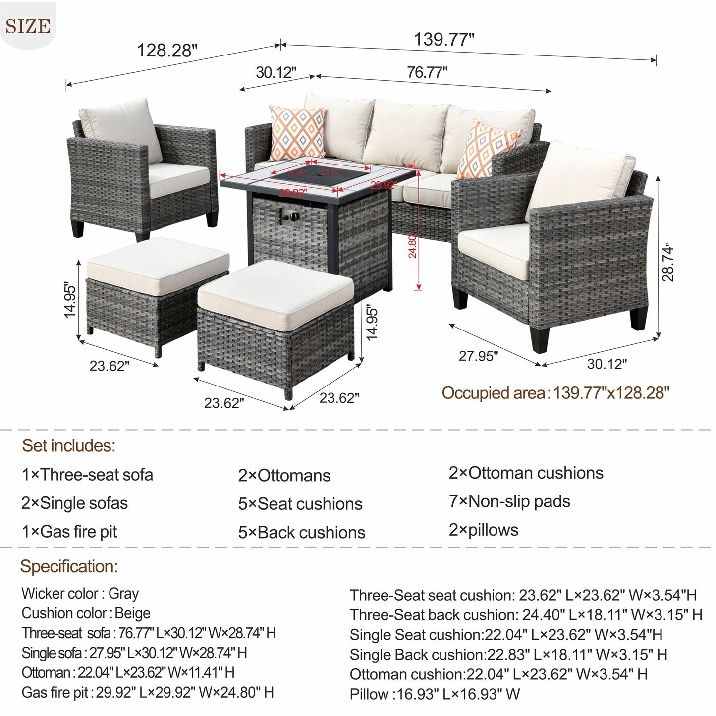 Set da conversazione in vimini per esterni OVIOS da 6 pezzi con braciere da 30 cm