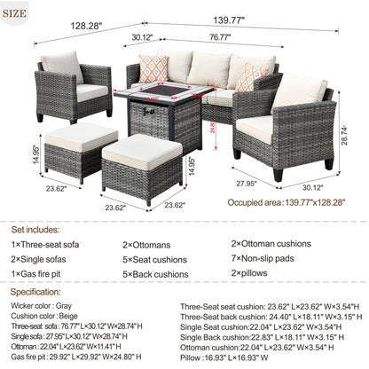 Set da conversazione in vimini per esterni OVIOS da 6 pezzi con braciere da 30 cm