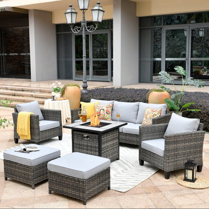 Set da conversazione in vimini per esterni OVIOS da 6 pezzi con braciere da 30 cm