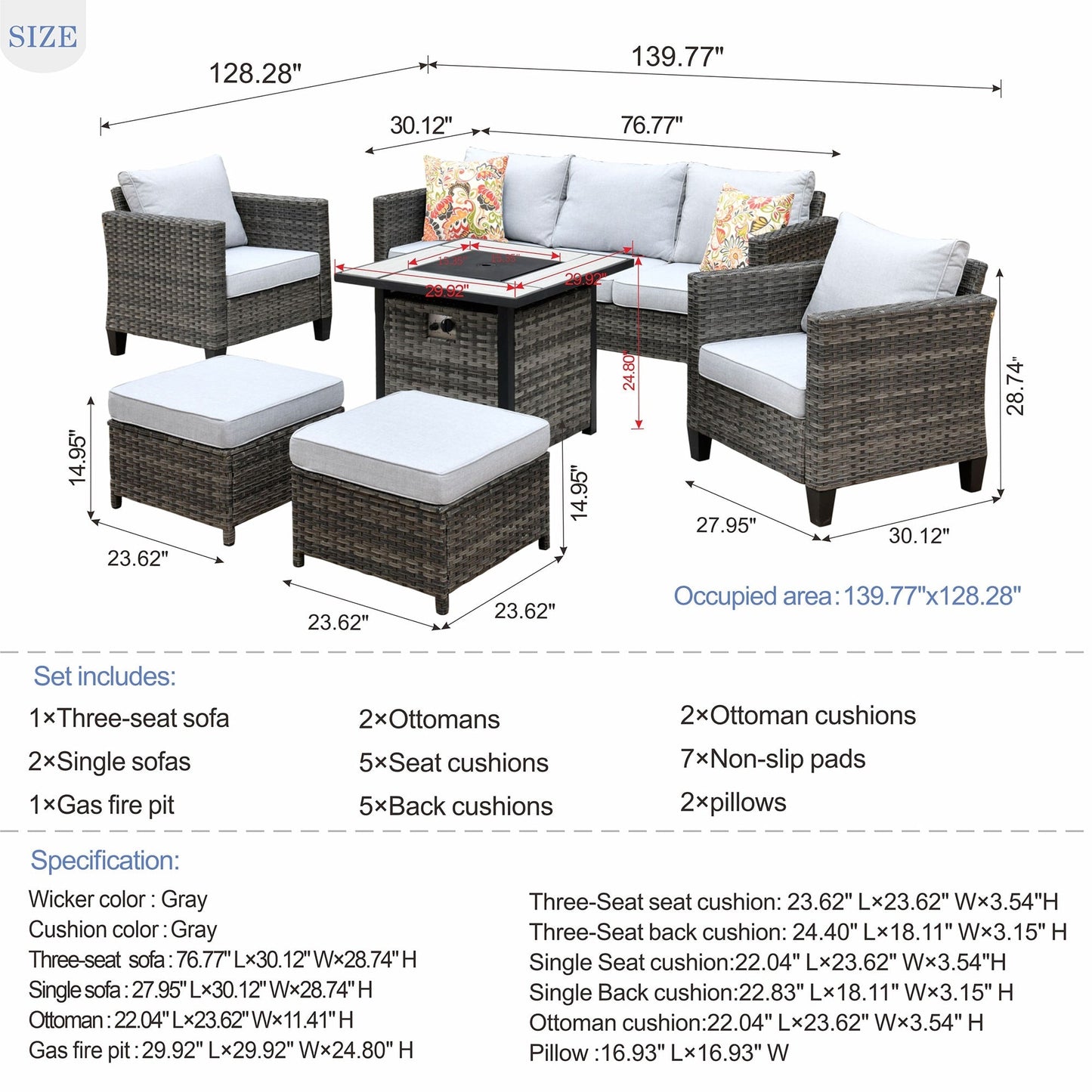 Set da conversazione in vimini per esterni OVIOS da 6 pezzi con braciere da 30 cm