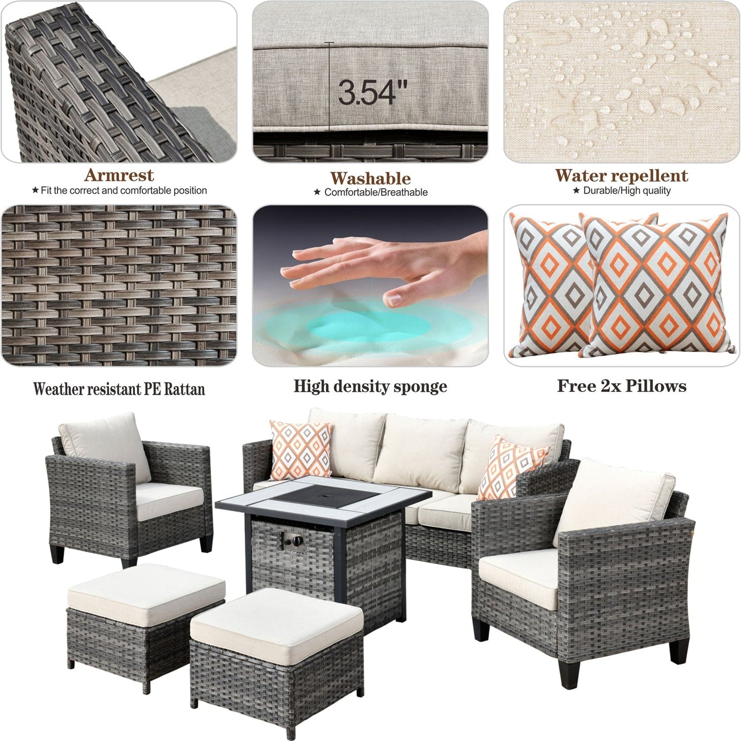 Set da conversazione in vimini per esterni OVIOS da 6 pezzi con braciere da 30 cm