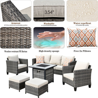 Set da conversazione in vimini per esterni OVIOS da 6 pezzi con braciere da 30 cm