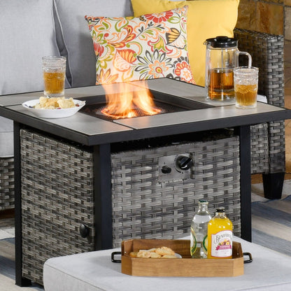 Set da conversazione in vimini per esterni OVIOS da 6 pezzi con braciere da 30 cm