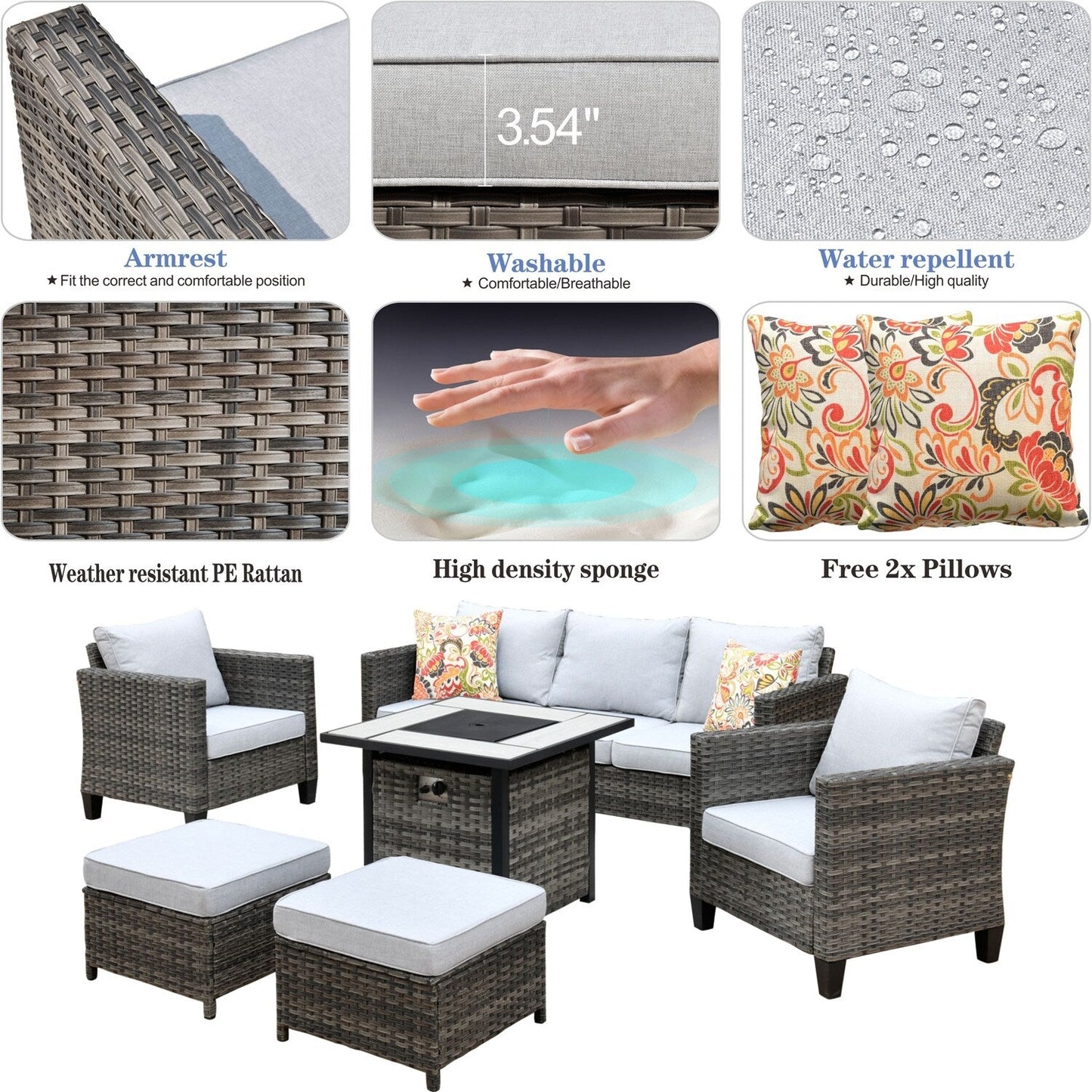 Set da conversazione in vimini per esterni OVIOS da 6 pezzi con braciere da 30 cm