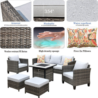 Set da conversazione in vimini per esterni OVIOS da 6 pezzi con braciere da 30 cm