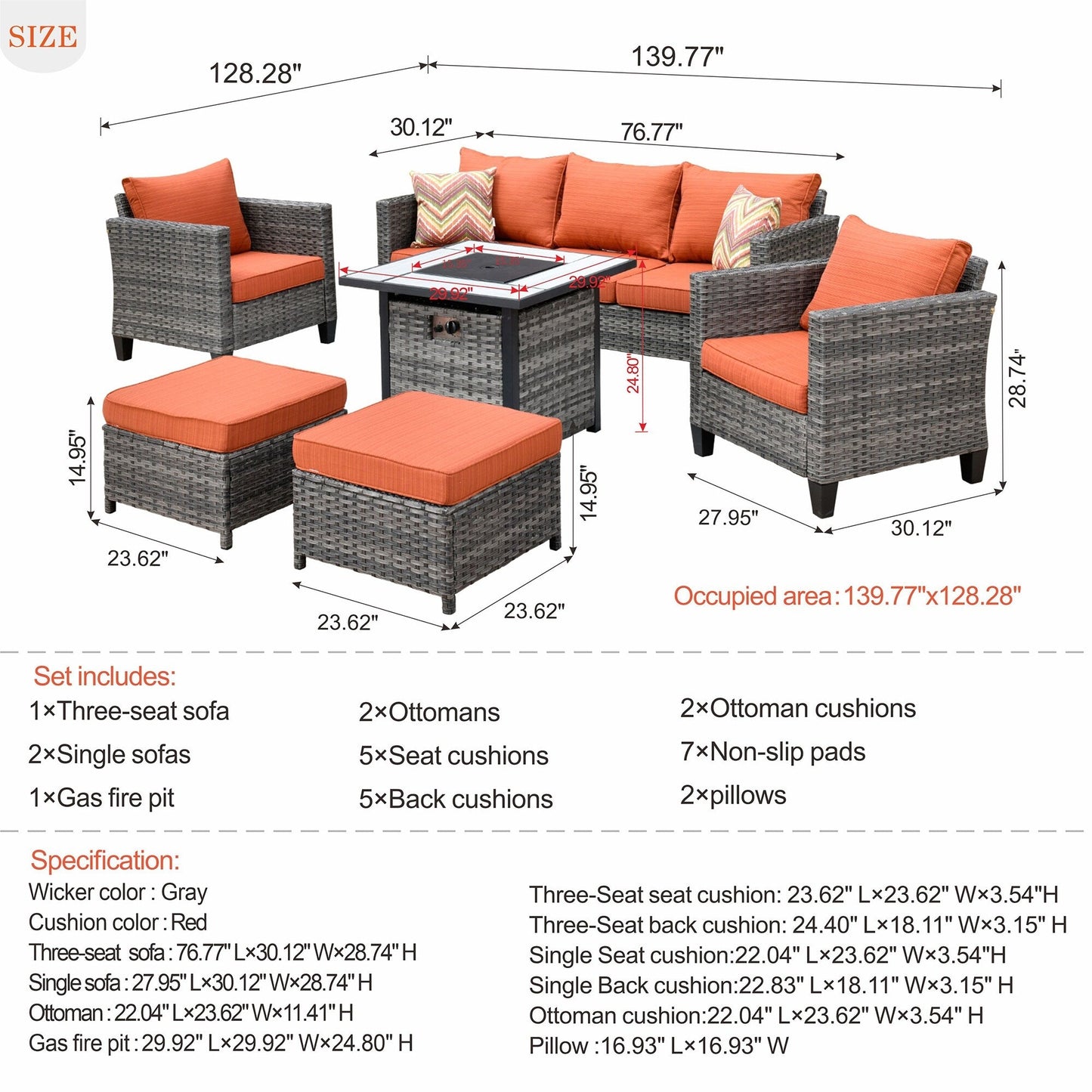 Set da conversazione in vimini per esterni OVIOS da 6 pezzi con braciere da 30 cm