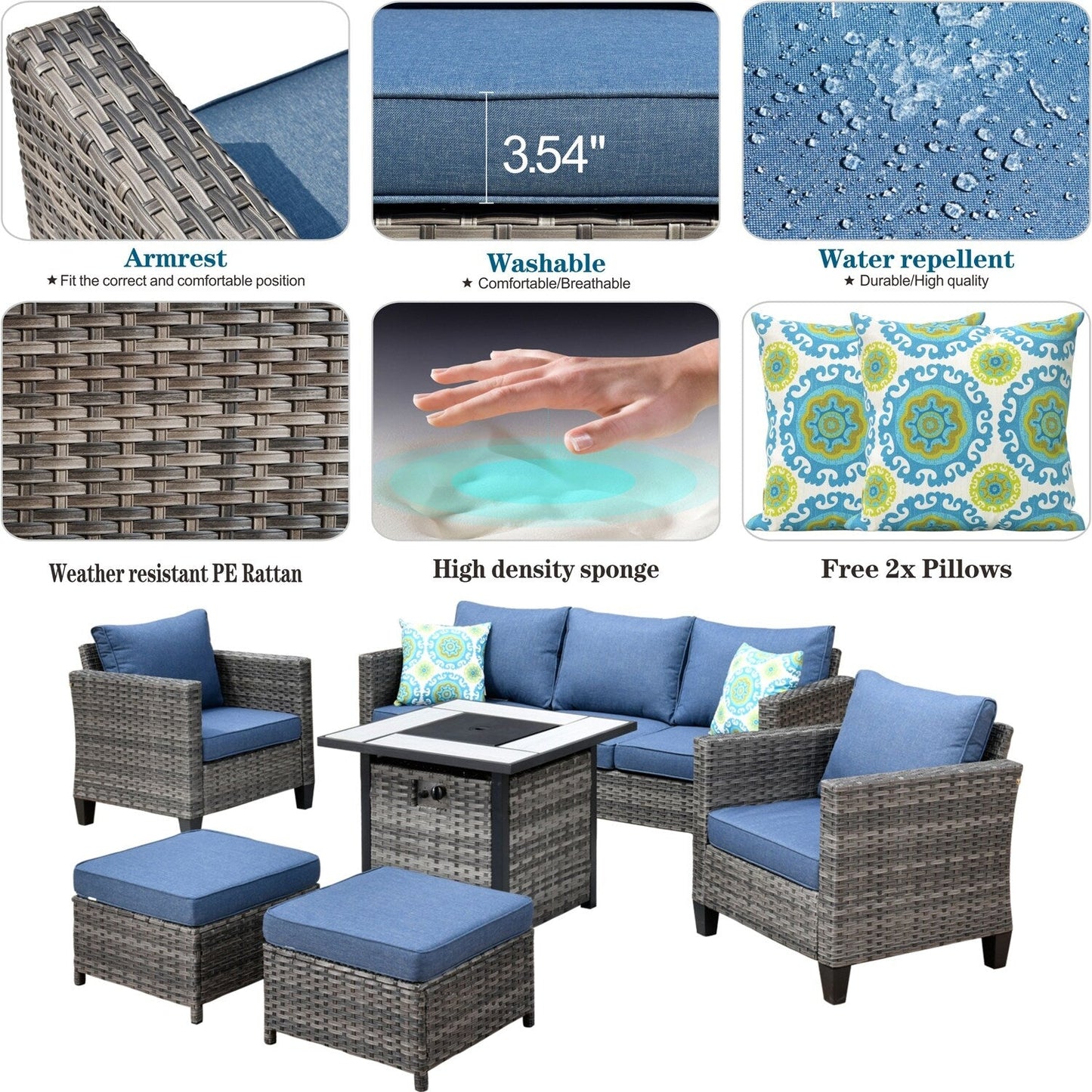 Set da conversazione in vimini per esterni OVIOS da 6 pezzi con braciere da 30 cm