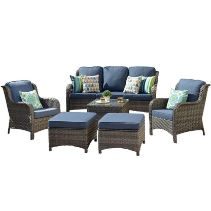 Set da conversazione in vimini da 6 pezzi OVIOS con tavolo con piano in vetro