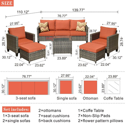 Set da conversazione in vimini per patio esterno OVIOS da 6 pezzi con tavolo con piano in vetro