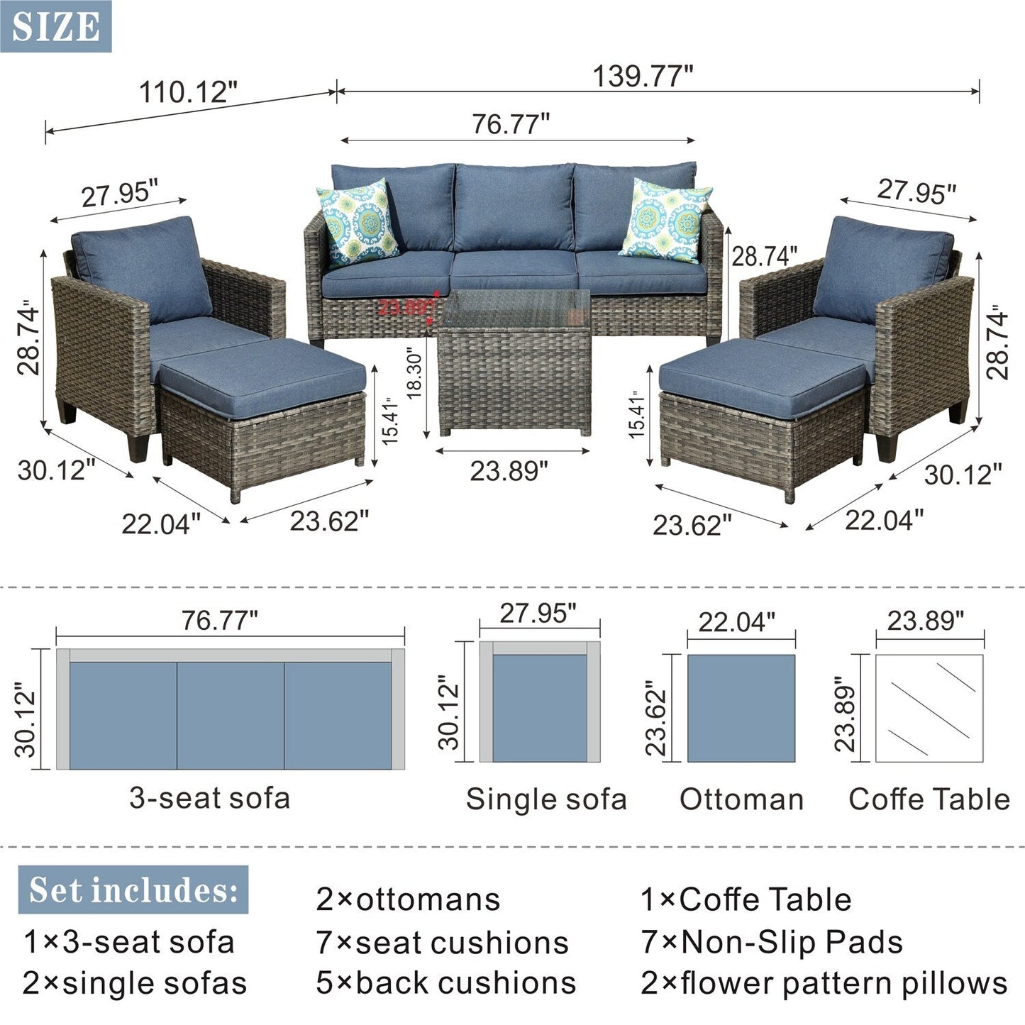 Set da conversazione in vimini per patio esterno OVIOS da 6 pezzi con tavolo con piano in vetro