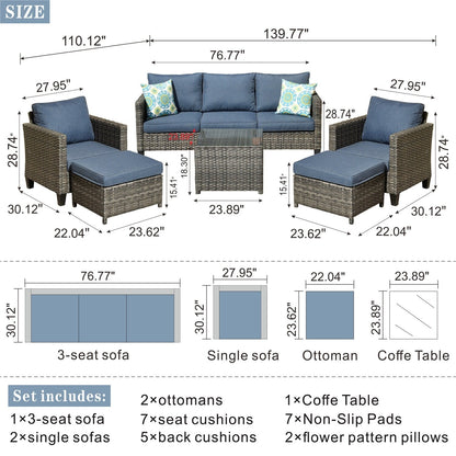 Set da conversazione in vimini per patio esterno OVIOS da 6 pezzi con tavolo con piano in vetro