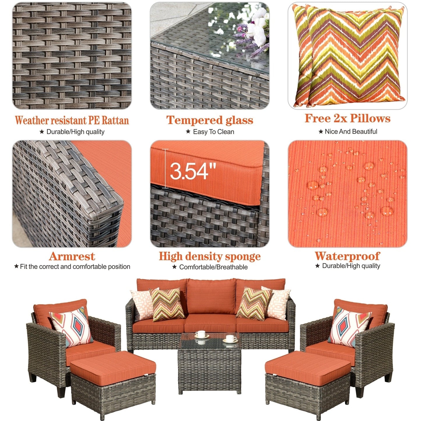 Set da conversazione in vimini per patio esterno OVIOS da 6 pezzi con tavolo con piano in vetro