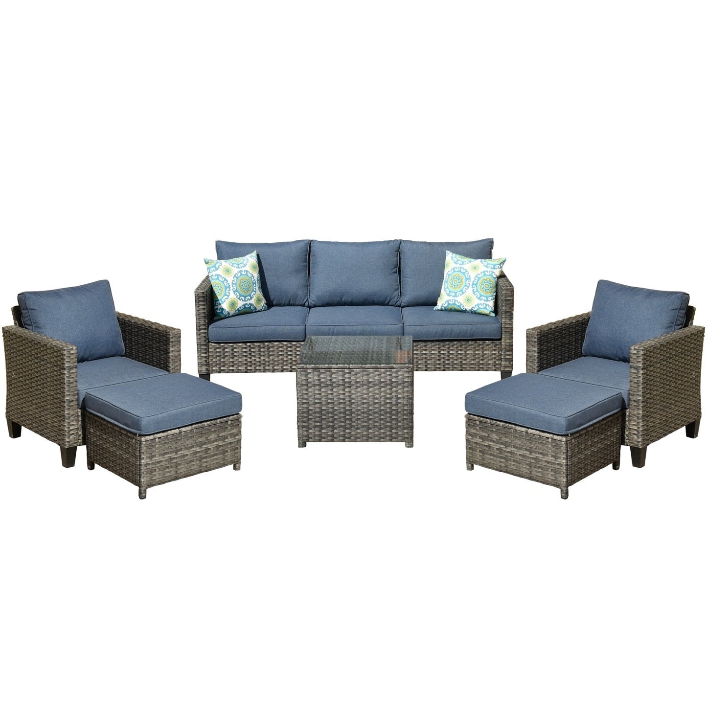 Set da conversazione in vimini per patio esterno OVIOS da 6 pezzi con tavolo con piano in vetro