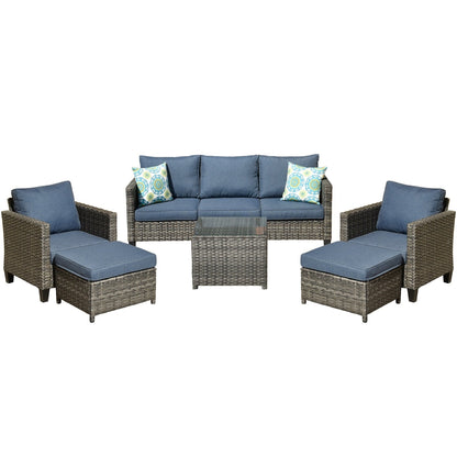 Set da conversazione in vimini per patio esterno OVIOS da 6 pezzi con tavolo con piano in vetro