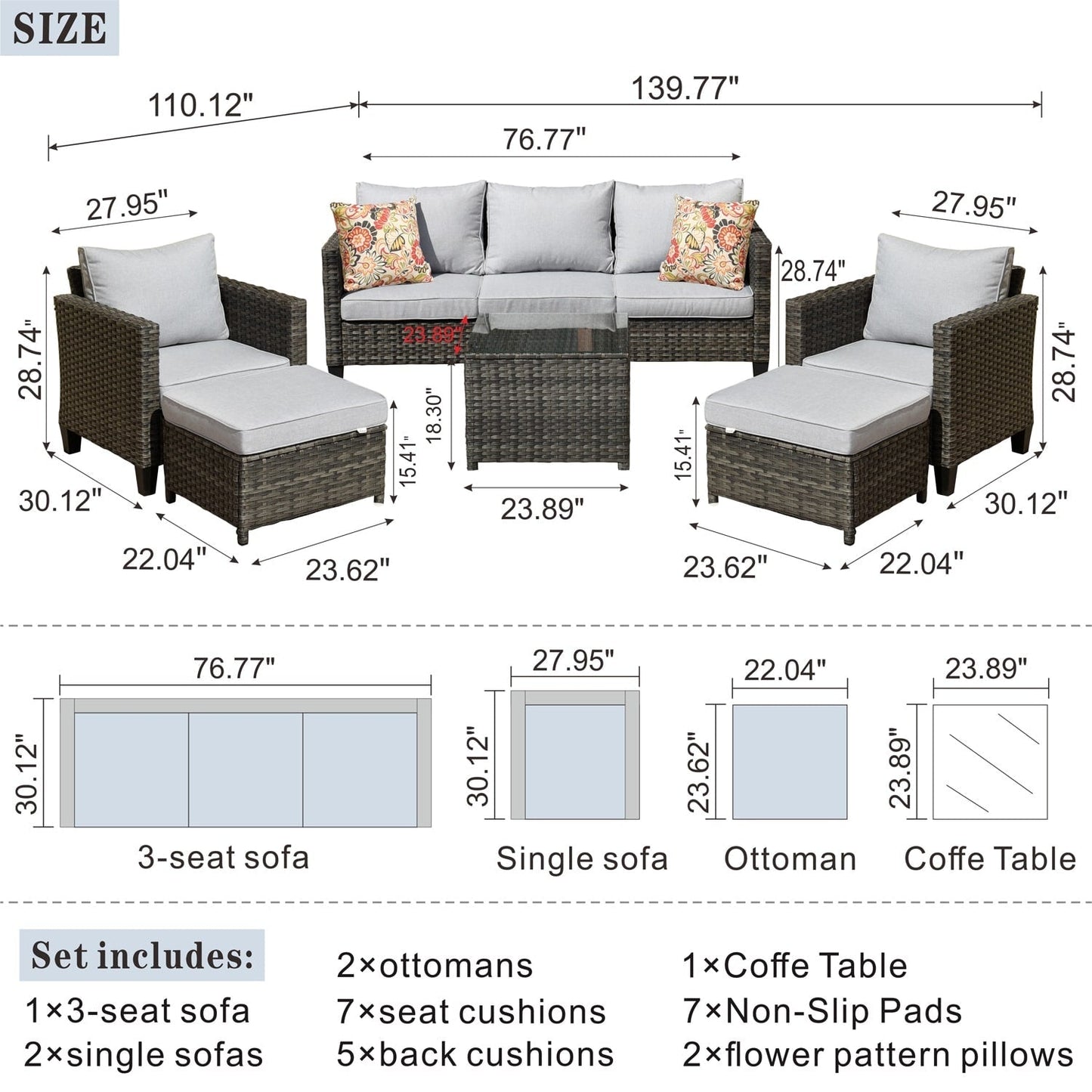 Set da conversazione in vimini per patio esterno OVIOS da 6 pezzi con tavolo con piano in vetro