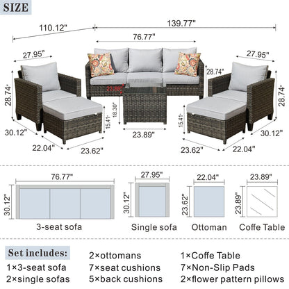 Set da conversazione in vimini per patio esterno OVIOS da 6 pezzi con tavolo con piano in vetro