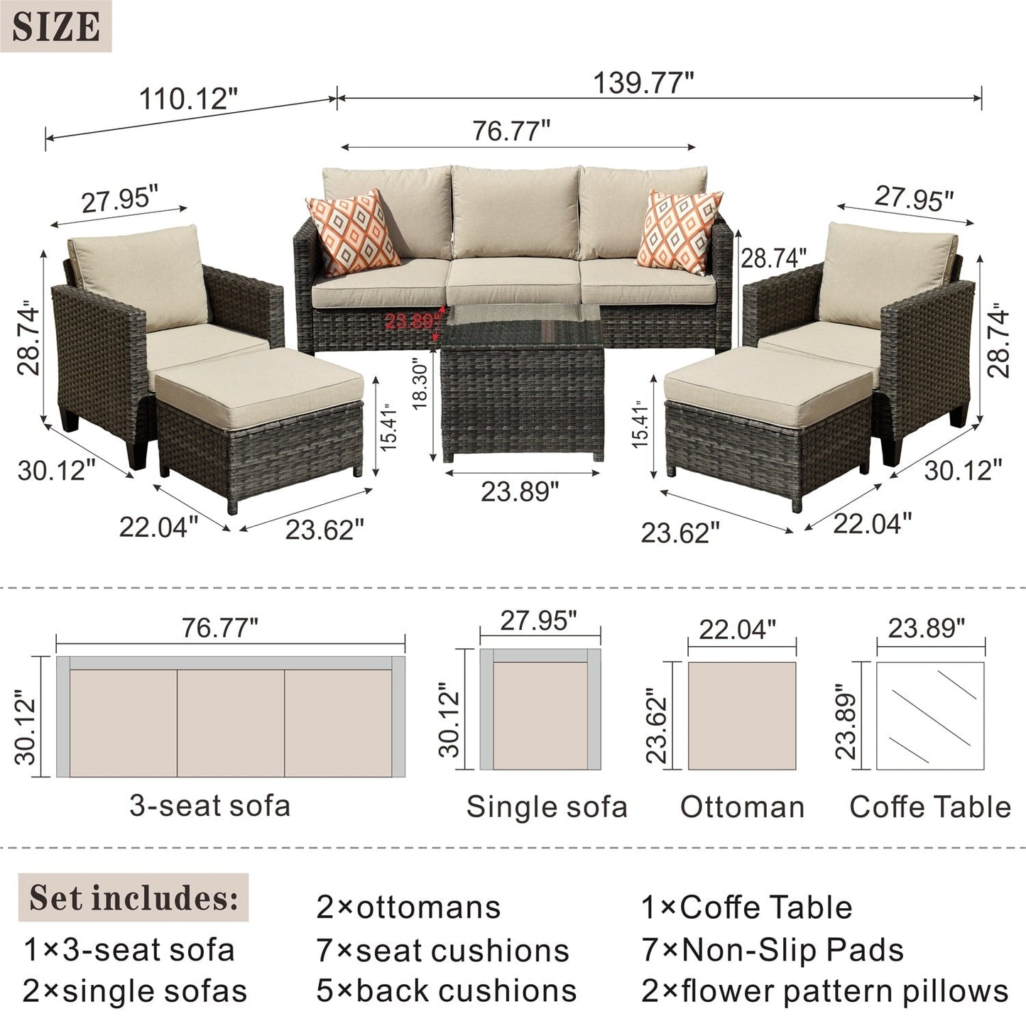Set da conversazione in vimini per patio esterno OVIOS da 6 pezzi con tavolo con piano in vetro
