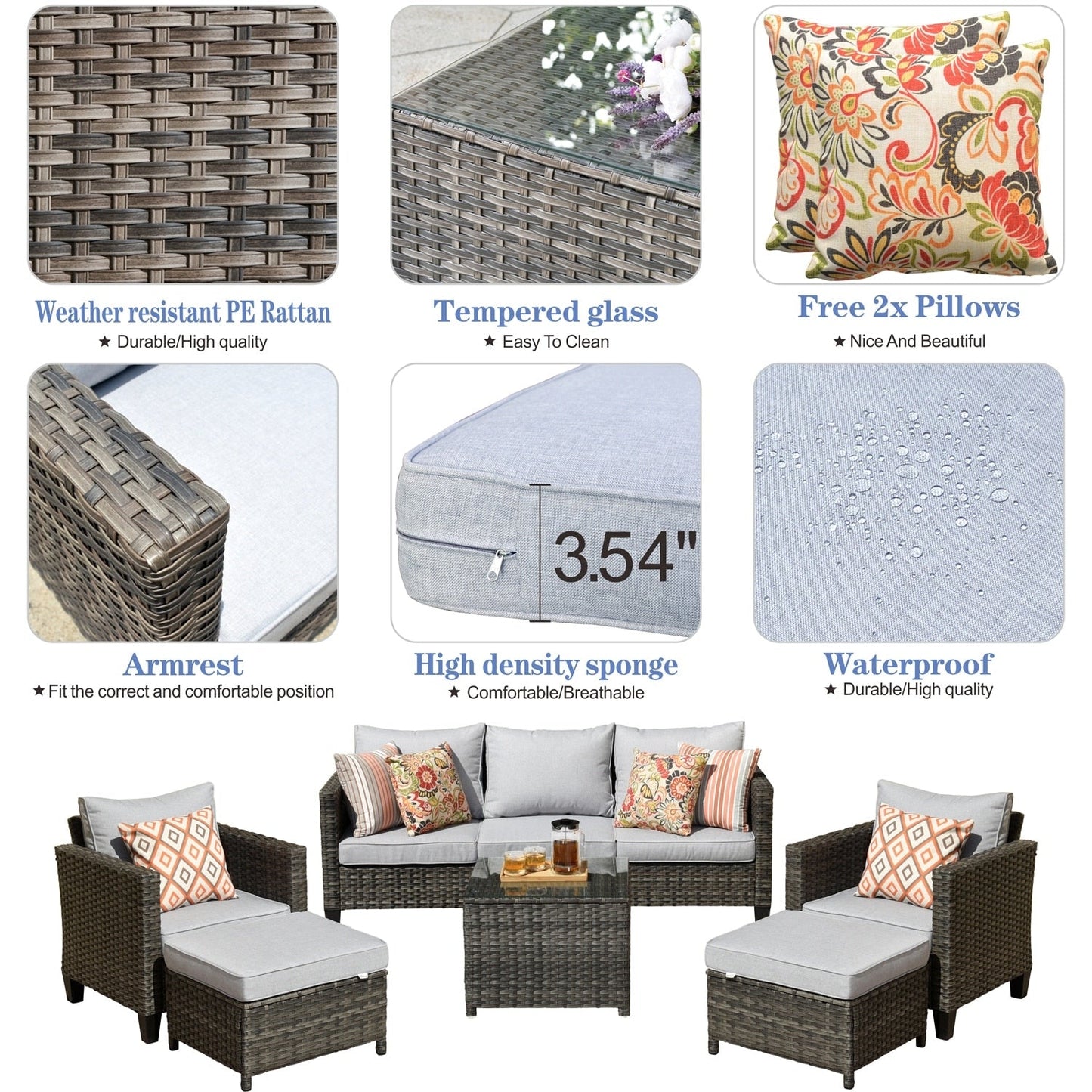 Set da conversazione in vimini per patio esterno OVIOS da 6 pezzi con tavolo con piano in vetro